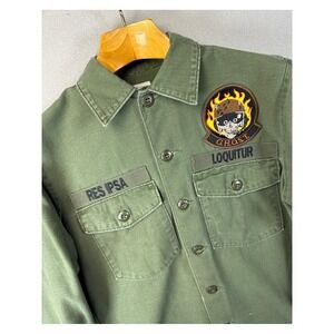 Res Ipsa Patches Military Shirt Olive Green Button Up Long Sl Men Size M Stained